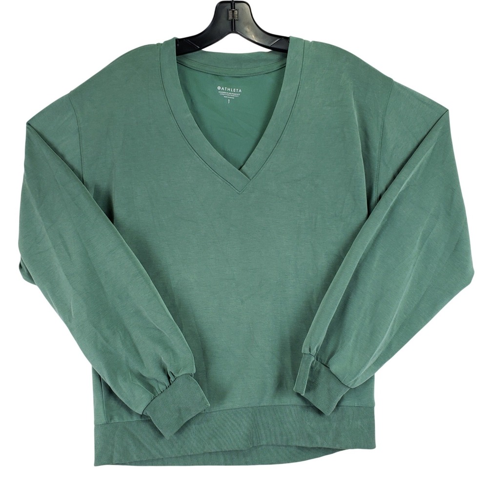 Athleta Willow V-Neck Sweatshirt Womens SP Green Petite Athleisure Casual Yoga